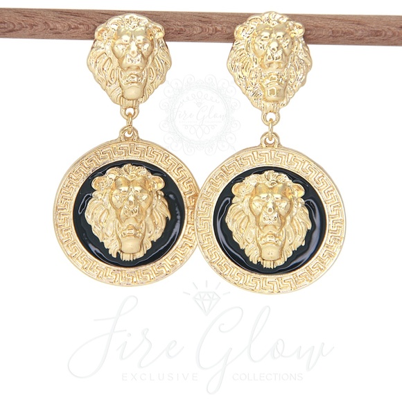 Black and Gold Tone Framed Lion Earrings - Picture 6 of 9